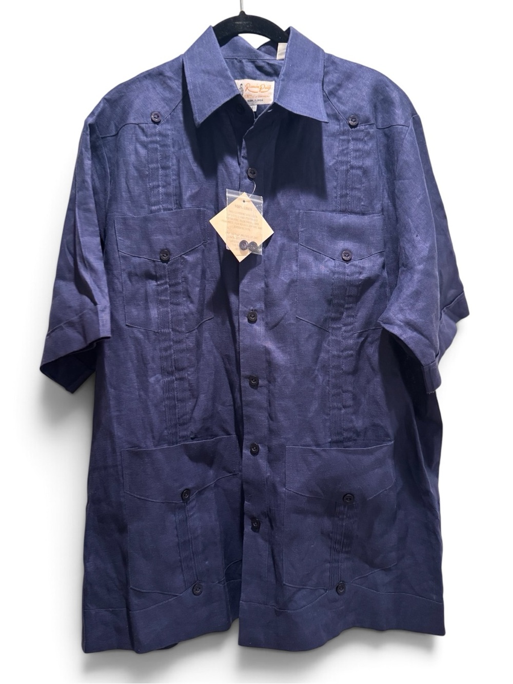Men's Short-Sleeve Linen Shirt in Navy L NWT Guayabera